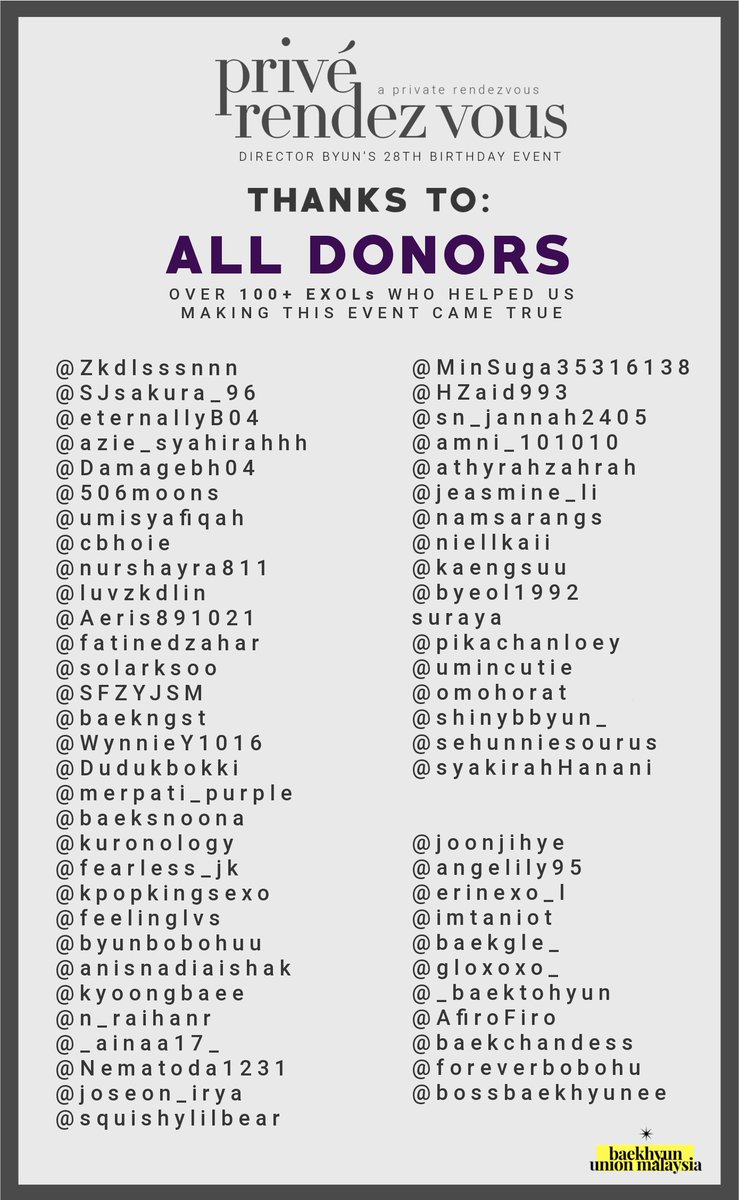 bbhunionmy's tweet photo. ■ privé rendez vous

THANKS TO

over 100+ EXOLs who have donated and helped us to make this event a success! Millions of thank yous for each and every one of you ✨❤️

#GetPriveWithB https://t.co/p8rdEzJXYN