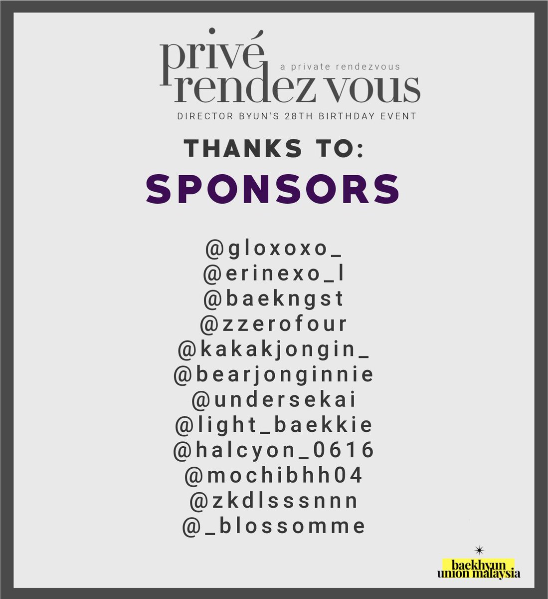 bbhunionmy's tweet photo. ■ privé rendez vous

THANKS TO

SPONSORS for helping us put to make this event more fun and enjoyable ✨❤️

#GetPriveWithB https://t.co/sk8nLDlTfM