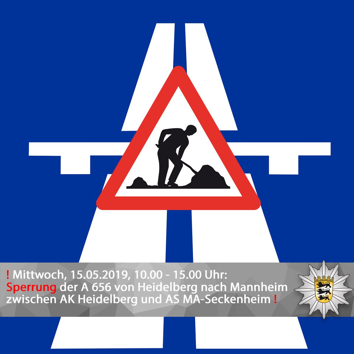 PolizeiMannheim's tweet photo. ⛔ #Sperrung der #A656 Fahrtrichtung #Heidelberg nach #Mannheim.
zw. AK HD und AS MA-#Seckenheim am Mi., 15.05.2019, 10.00 - 15.00 Uhr.
 #Umleitung nach Mannheim über die #B535. https://t.co/M7mjhNEWHm