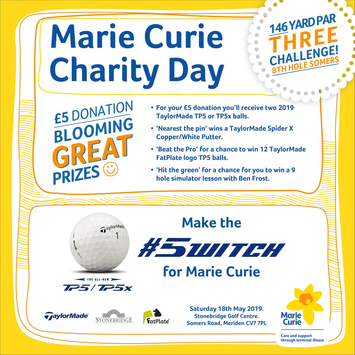 fatplategolf's tweet photo. Huge thx to @TaylorMadeTour for supplying these prizes for the @mariecurieuk Charity Golf Day @Stonebridge27

Come &amp; say hi to #teamfatplate @benfrostgolf #Adam @samblueswalker and make the #5WITCH for Marie Curie

#care #guidance #support
#taylormade #tp5 #spiderx https://t.co/OnLzVxDf8J