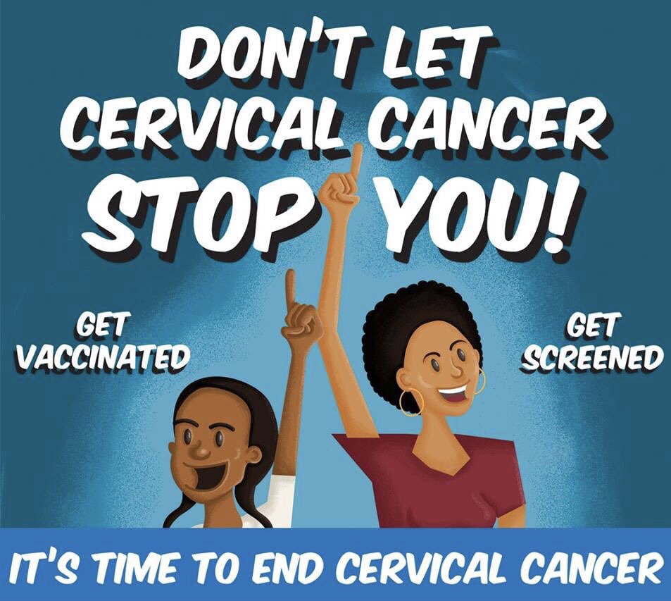 Don't let #CervicalCancer stop you!
👩🏿 👩🏽 👩🏿 👩🏽 👩

✔️Get screened 👩‍⚕️👨‍⚕️
✔️Get vaccinated

Remember: Cervical cancer can be prevented.
bit.ly/2RDk36j