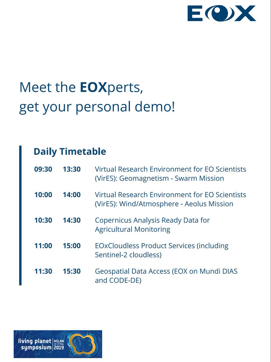 eox_a's tweet photo. Meet the EOXperts, get your personal demo at #LPS19 both 50! #vires #swarm #aeolus #ard #card #eoxcloudless https://t.co/6daF7HJ0Xd