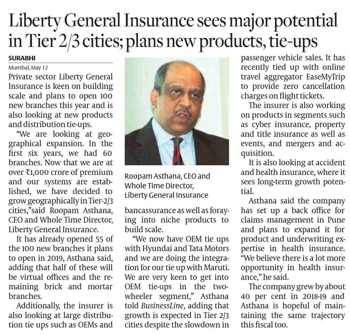 LibertyGILtd's tweet photo. Roopam Asthana, CEO &amp; Whole Time Director of Liberty General Insurance talks about the company’s growth plan with The Hindu @businessline. He highlights upon the branch expansion, new products as well future partner tie-ups. Read the story here: https://t.co/TzhDnTlnTW
@mapoor https://t.co/MdhbFAtndi