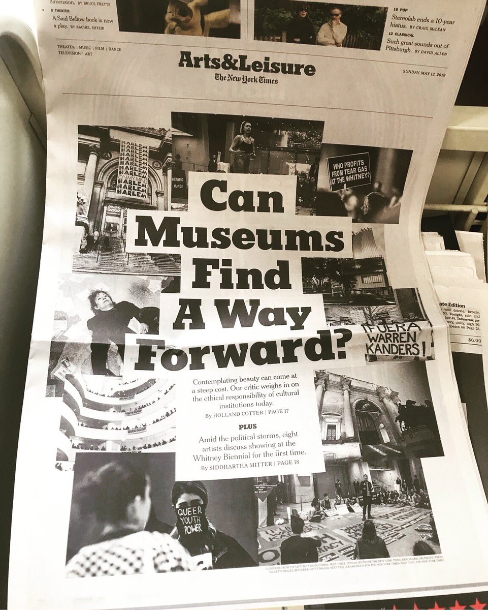 decolonize_this's tweet photo. This💥Yesterday — @nytimes Sunday edition, front page of Art + Leisure, H. Cotter explains in liberal terms why Warren B Kanders must resign or be removed || Next Action — mask up, bring friends, May 17 @ 6:30pm, meet at @whitneymuseum #decolonizethisplace #whitneybiennial https://t.co/vCe4pBa0PF