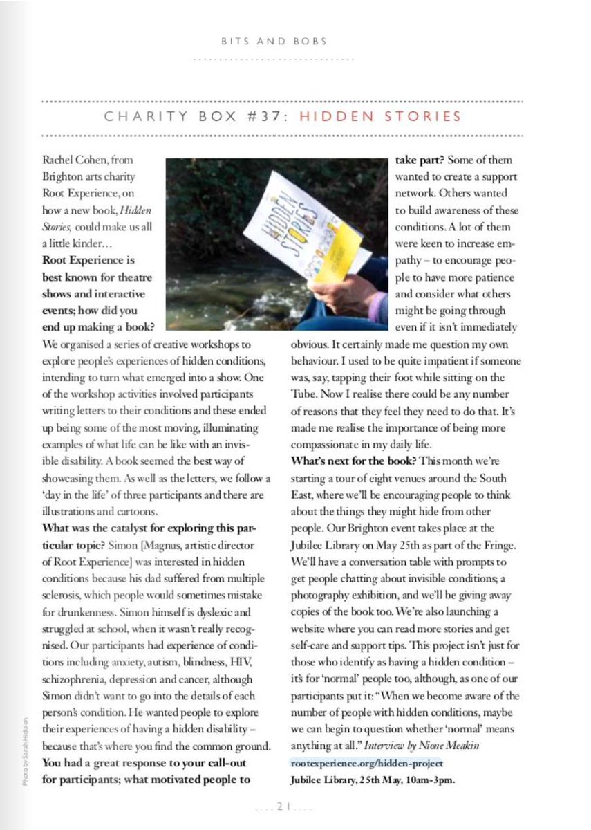 rootexperience's tweet photo. We're the Charity Box feature in this month's Viva Brighton!
It's a lovely little article/ interview on our book #HiddenStories and our event @BHLibraries on 25 May between 10am and 3pm as part of @brightonfringe. Come and be part of it ๐
#HiddenStories #RewriteNormal https://t.co/64GXNvRyQG