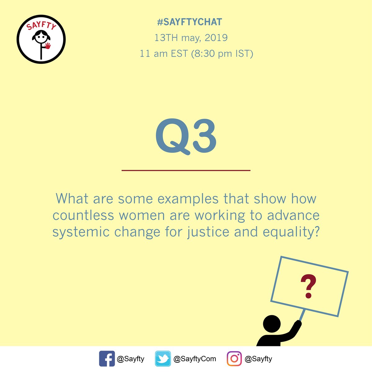 SayftyCom's tweet photo. Q3. What are some examples that show how countless women are working to advance systemic change for justice and equality?
#SayftyChat @CIVICUSalliance #SheDefends https://t.co/EZZSV822S0