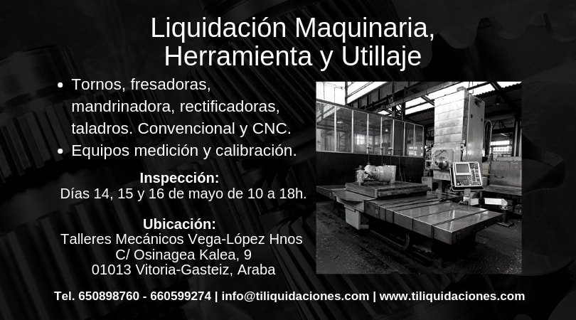 ¡Recuerda! Mañana empieza la Inspección de maquinaria de importante empresa de mecanizados y construcción de maquinaria. 14,15 y 16 de mayo en Álava. Más info: bit.ly/ainspeccion

#maquinariaindustrial #metalmecánica #ocasión #herramientas #utillaje