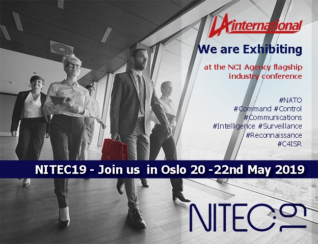 LAInternational's tweet photo. Meet the team at the NCI Agency flagship industry conference, this time in Oslo, Norway 20-22 May.. For more information visit https://t.co/XowCsjZZPa #C4ISR #NATO https://t.co/yiPXvNx5Cm