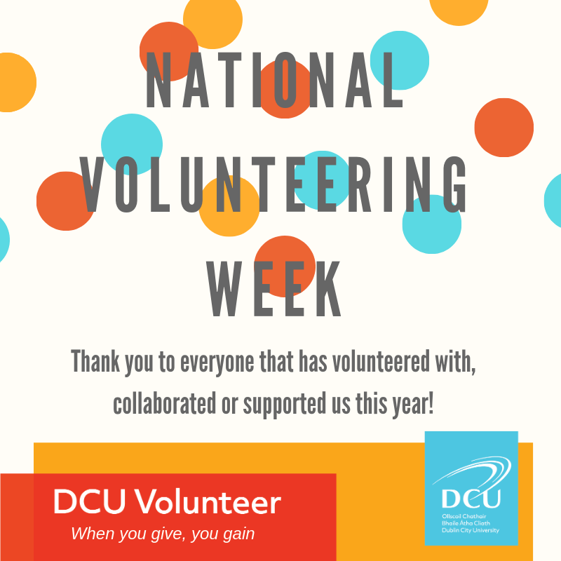 DCUVolunteer's tweet photo. Happy National Volunteering Week - a whole week dedicated to highlighting volunteering across Ireland!

To celebrate, we'll be looking back on some of our highlights that wouldn't have been possible without our @DublinCityUni volunteers and fantastic community partners #NVW2019 https://t.co/QIu8BWDWcW