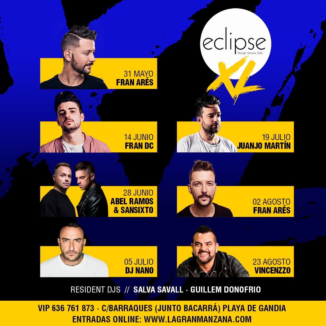 ECLIPSE_GANDIA's tweet photo. XL SESSIONS | ECLIPSE

Ya están aquí los #VIERNES XL con vuestros Djs favoritos 🎧💛 dispuestos a haceros disfrutar al máximo. 

#Eclipse #Playa #Gandia #Valencia
#WeLoveEclipse #LaGranManzana https://t.co/zH3k3CpuAQ