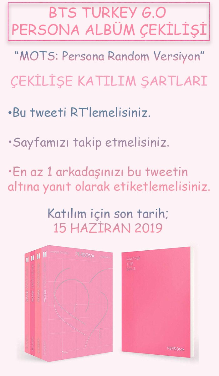 btsturkeygo's tweet photo. 🌸BTS TURKEY G.O PERSONA ALBÜM ÇEKİLİŞİ🌸

Tam sınav döneminde sınavlarınızda moral olması için siz değerli takipçilerimiz için bir çekiliş yapmaya karar verdik. Çekilişe katılım şartlarına uyan bir takipçimize Map of the Soul: PERSONA albümünü hediye edeceğiz.

Herkese bol şans! https://t.co/yiGtl3mjQT