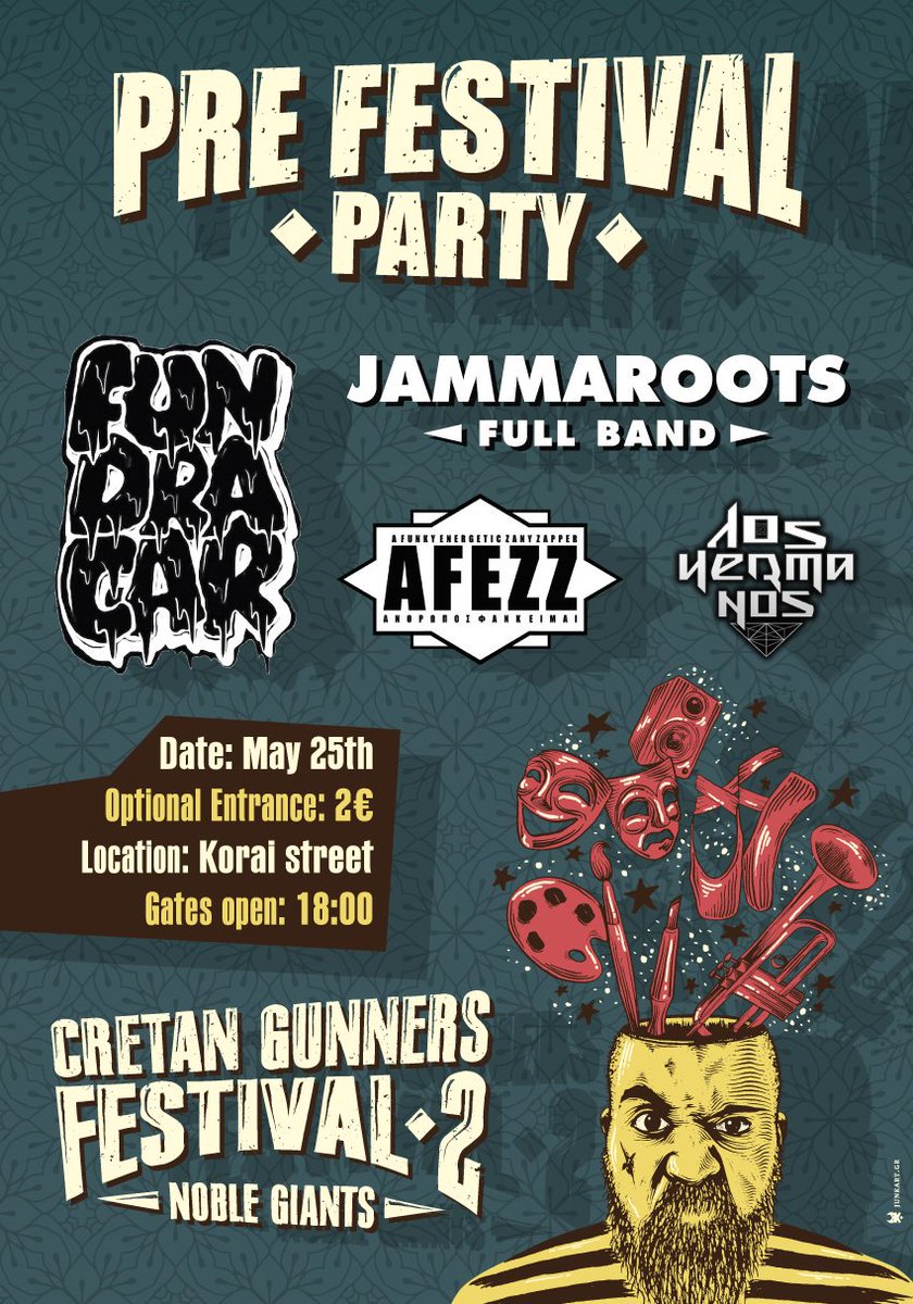 CretanGunners's tweet photo. Get ready people!💣
Let's rock #Chania one month before #Cretan_Gunners_Fest_2 with:
⚫@fundracar
⚪@jammaroots
⚫Afezz
⚪Los hermanos
More info: https://t.co/a0NQxd7AOY
#gunners #prefest #party #psychoreggae #reggae #hiphop #joinus #lesi https://t.co/5zUmrIcGTK