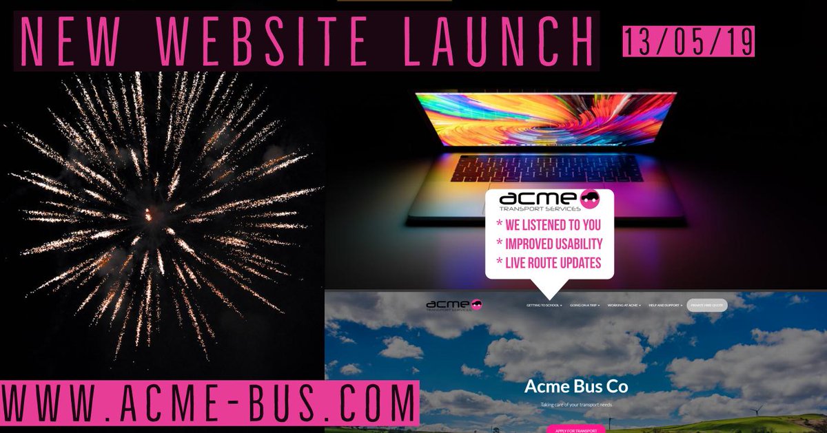 ANNOUNCEMENT : Acme Bus Company - New Website Launch

Please take a peek, we have designed this website with our customers in mind. Enjoy live updates, searchable timetables and improved usability. 

acme-bus.com