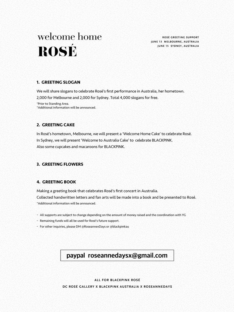ROSEANNE_DAYS's tweet photo. 𝐖𝐞𝐥𝐜𝐨𝐦𝐞 𝐇𝐨𝐦𝐞, 𝐑𝐎𝐒𝐄!
❰𝐆𝐫𝐞𝐞𝐭𝐢𝐧𝐠 𝐒𝐮𝐩𝐩𝐨𝐫𝐭❱ 

Australia We are having a project dedicated to Rosé for their concerts in Australia. Please check the details below! 

Paypal: roseannedaysx@gmail.com
Q&amp;A: @RoseannexDays

#블랙핑크 #로제 #ロゼ #朴彩英 #ROSÉ https://t.co/gYjeXHny8a