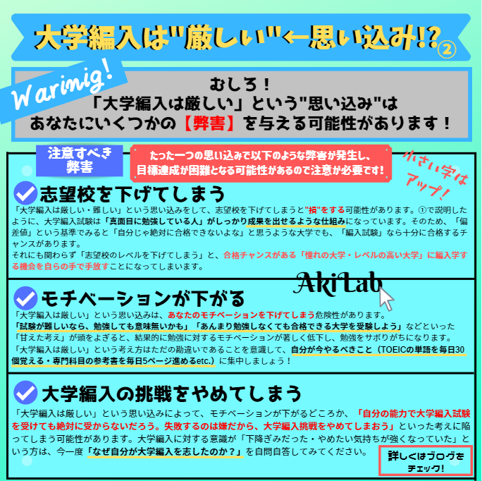 アキラ 大学編入 あなたは 大学編入は 厳しい と思っていますか もし 大学編入は厳しい と考えている方は注意です その 思い込み があなたの 大きな目標 に様々な 弊害 を与えます 自分の目標 が 思い込み に影響されていないか確認してみて