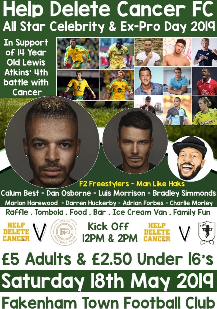 Delete_Cancer's tweet photo. This Saturday 🔥🔥🔥

In support of 14 year old Lewis Atkins' 4th battle with Cancer

@F2FootballClub @TheF2 @JeremyLynch1 @Billywingrove @Love4da_ink @CalumBest @DannyO @Mazer_9 @CharlieMorley_ @hucks6dh6 @DeanMorgan @HarryHonesty
@forbesy7 @DarrenKenton
https://t.co/2UfyYOgVZV https://t.co/4cnsFVnX1H