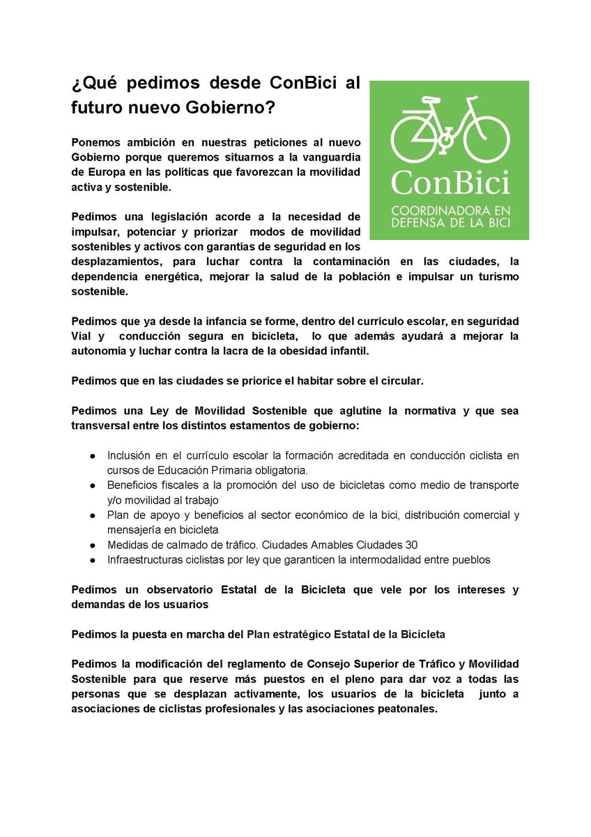 Peticiones de <a href="/conbici/">Coordinadora ConBici</a> al nuevo gobierno