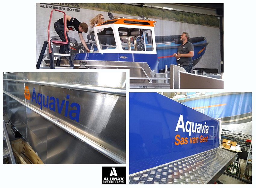 Voor <a href="/AlumaxBoats/">Alumax Boats</a> hebben we de stuurhut van de deze <a href="/Aquavia_kws/">Aquavia</a> boot in huisstijlkleuren mogen bestickeren.