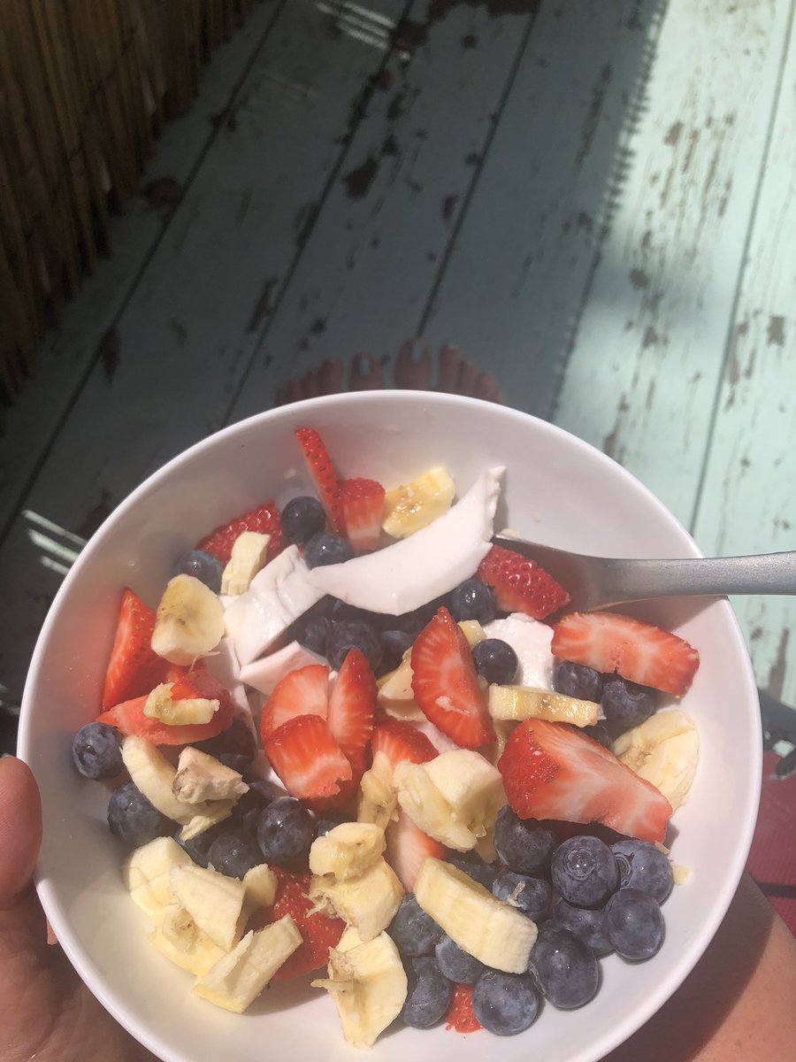AlissaCohen's tweet photo. Eating breakfast on my deck pretending it’s finally summer☺️
#rawfood
#rawbreakfast
#sunshine
#hurryupandgetwarm https://t.co/QyCrJmFi3j