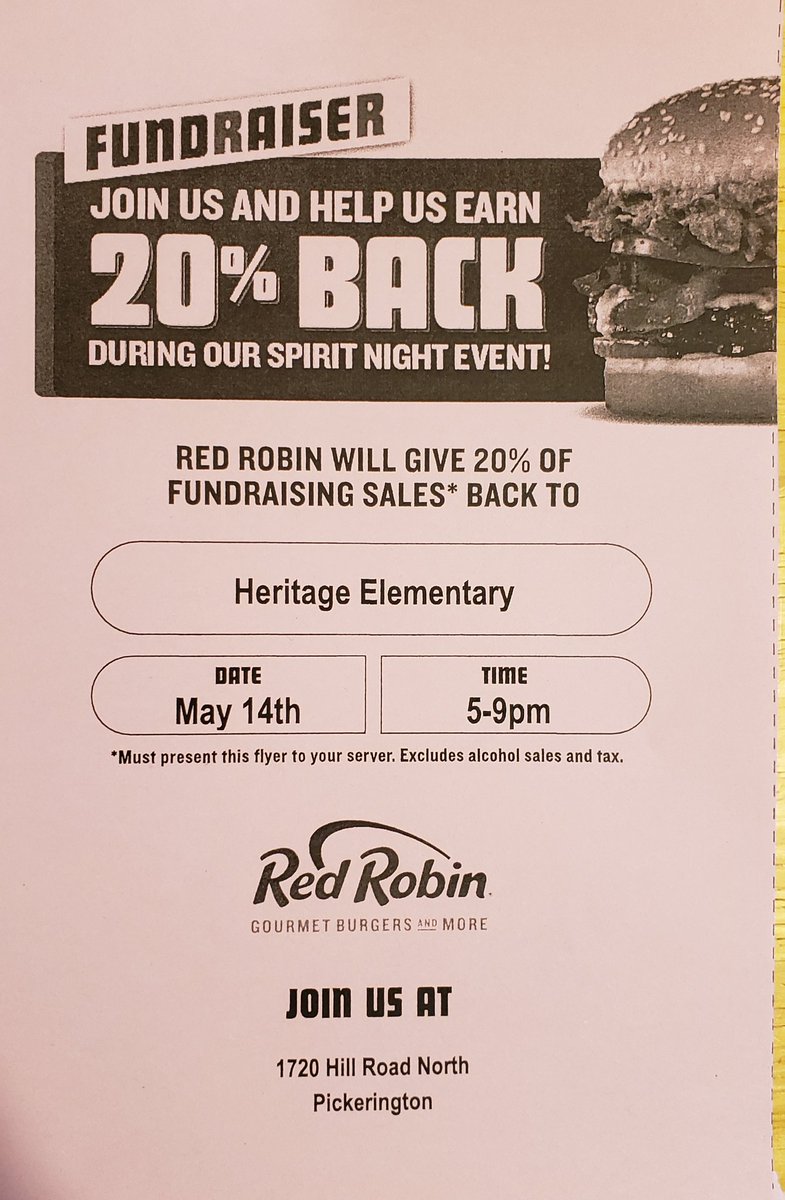 Don't forget about our Spirit Night at Red Robin tomorrow night!