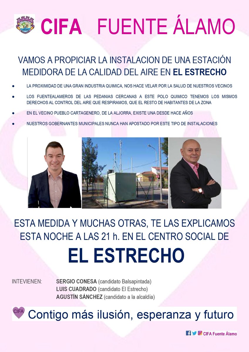 CifaFuenteAlamo's tweet photo. 🔊‼️LA MAREA ROSADA DE CIFA FUENTE ALAMO LLEGA A EL ESTRECHO‼️

✅ VAMOS A PROPICIAR LA INSTALACIÓN DE UNA ESTACIÓN MEDIDORA DE LA CALIDAD DEL AIRE EN EL ESTRECHO https://t.co/c0IA7TTU1z