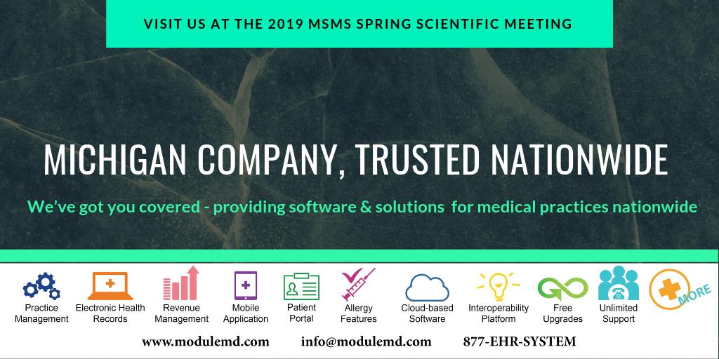 ModuleMD_EHR's tweet photo. We are excited to see our @MichStateMedSoc friends this week at the Spring Scientific Meeting.
Stop by, say hello, & learn about our software & services. Don’t forget to ask about our new telemedicine feature! See you soon. #EHR #MSMS #Telemedicine #MichiganBased https://t.co/FL5hVUqT1C