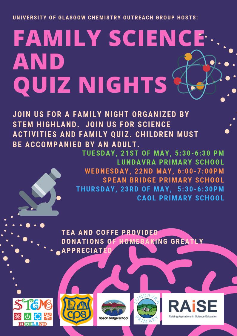 StemHighland's tweet photo. 3 Fun Family Science and Quiz nights next week in Lochaber! Come and join the University of Glasgow Chemistry Outreach Group one evening Tues- Thurs.
#RAiSEScot #HighlandSTEM #RoySocChem #UofGChem #thisishighland #PrimaryScience #ScienceCapital https://t.co/LX65VilS9O