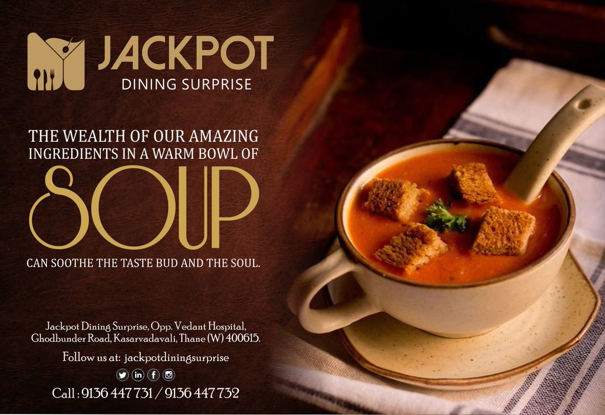 DiningJackpot's tweet photo. A bowl of steaming hot soup to wave-off the Monday blues and prepare you for the week ahead. Have a cup of soup at Jackpot Dining Surprise...

#JackpotDiningSurprise #Food #GhodbundarRoad #Thane https://t.co/IkIYfhmQmk