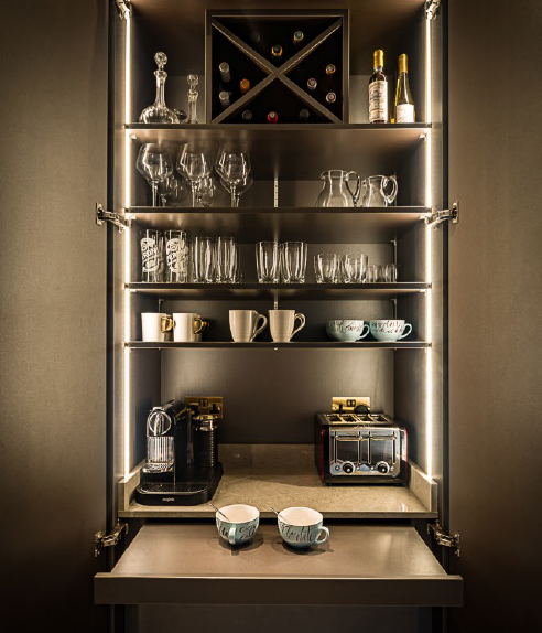 BluebellFF's tweet photo. Such a fabulous pic of the gin/coffee station we created for @inhouseonline taken by the supremely talented @Snappersmithy Hidden away behind bespoke fitted doors is this absolute treasure with beautiful lighting and all the accessories you need. https://t.co/Px2t6S9FAL