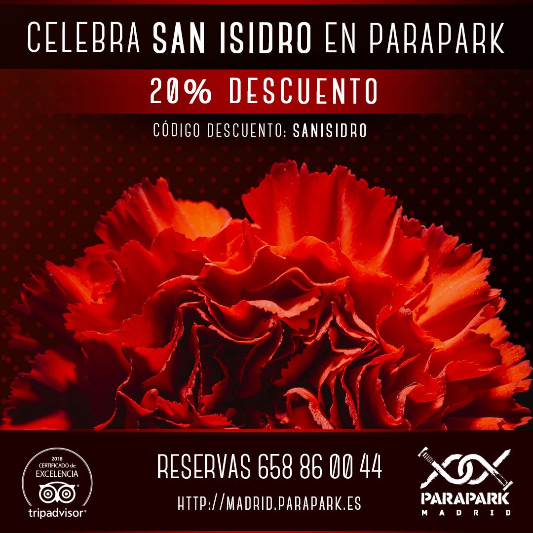 Somos muy castizos y chulapos y por eso queremos celebrar San Isidro contigo y darte un 20% de descuento en nuestros juegos.🕵️‍♀️ Compra tu entrada en madrid.parapark.es e introduce el código SANISIDRO ¡Y date prisa, porque el descuento sólo es válido HASTA EL JUEVES!😊⏰