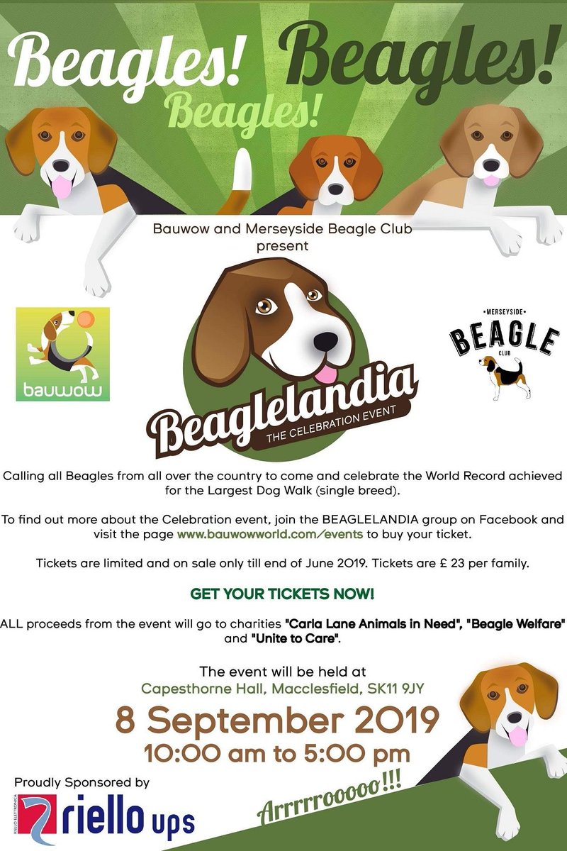 riello_ups_uk's tweet photo. 🐾 #Beaglelandia - The Celebration Event 🐾
Calling all #beagle owners! Join us @Bauwowworld & @MBC_beagleclub for a special day to mark the @GWR dog walking World Record #BWR2
Get your tickets now https://t.co/vWvb4saaB1 https://t.co/pMakO5r8OS