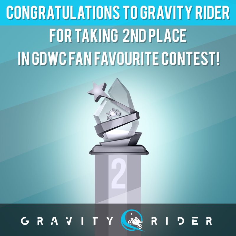 Vivid_Games's tweet photo. Thank you for all your #votes! #GravityRider got 2nd place in @theGDWC #FanFavourite competition! 🥈 https://t.co/kyOiMC3B4Y