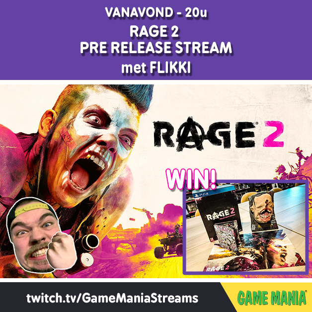 GameManiaBE's tweet photo. Zijn jullie klaar voor RAGE 2 morgen? Wij zeker wel! @Flikki1 streamt vanavond deze topper en geeft de Collector's Edition weg! 😲

Wees erbij en waag je kans vanavond vanaf 20u op https://t.co/GJtNqEiDx3! 🎥 https://t.co/1AaTNNgw3S