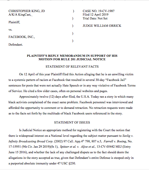 kingcastcamera's tweet photo. Three pages on USA Today's #Facebook #Facebookwhileblack story & Rule 201 Judicial Notice in Fed. censorship lawsuit King v. Facebook 19-CV-1987 nail them hard
https://t.co/MNaWQLJfNe
@eff @firezhusky @SeleneStebbins @ColorOfChange @DavidColeACLU @WangCecillia @lessig @Moonalice https://t.co/dRvZ8pDwea