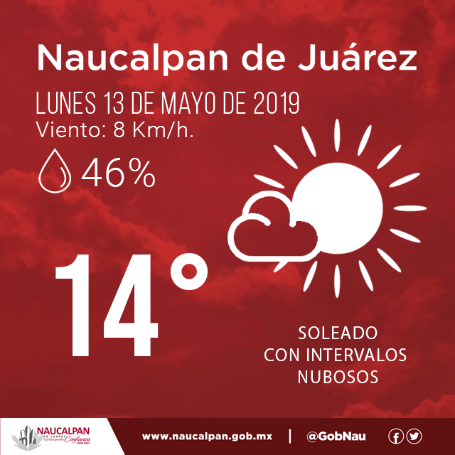 ¡Buenos días #Naucalpan! Esta mañana es de un cielo soleado con intervalos nubosos 🌤️

La temperatura es de 14 grados centígrados. No se esperan lluvias

#FelizLunes