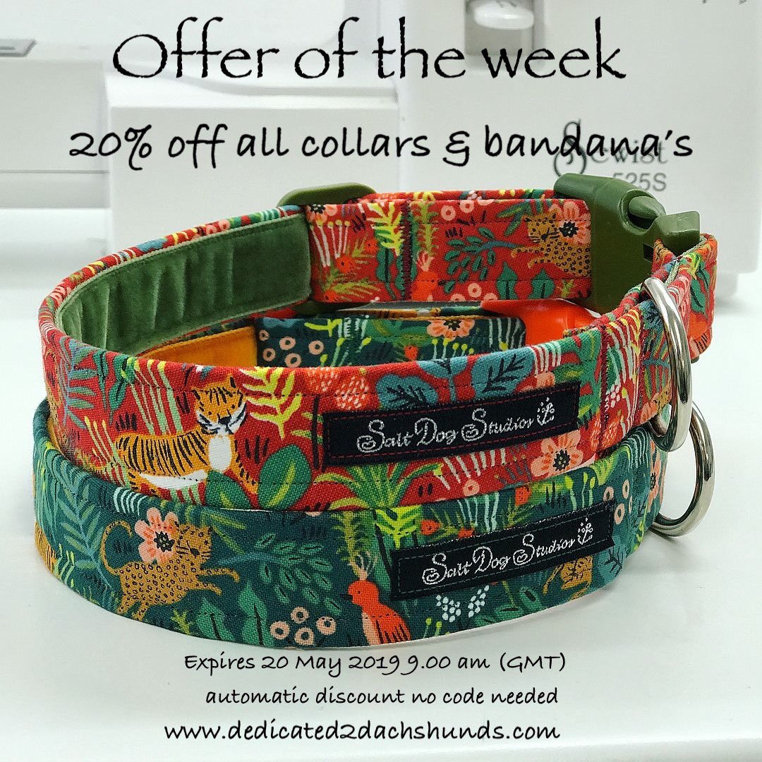 dedicated2dachs's tweet photo. OFFER OF THE WEEK! 
Pamper your pooch! Save 20% off all collars &amp; bandana’s.
Automatic discount no code needed.
Expires 20 May 2019 9.00am (GMT)

https://t.co/1RYXqgEs4H

#quirkysausagedoggifts #doxiegiftshop #sausagedog #doxiegifts  #handmadedogaccessories #pamperyourpooch https://t.co/v4EUZo6Z2T