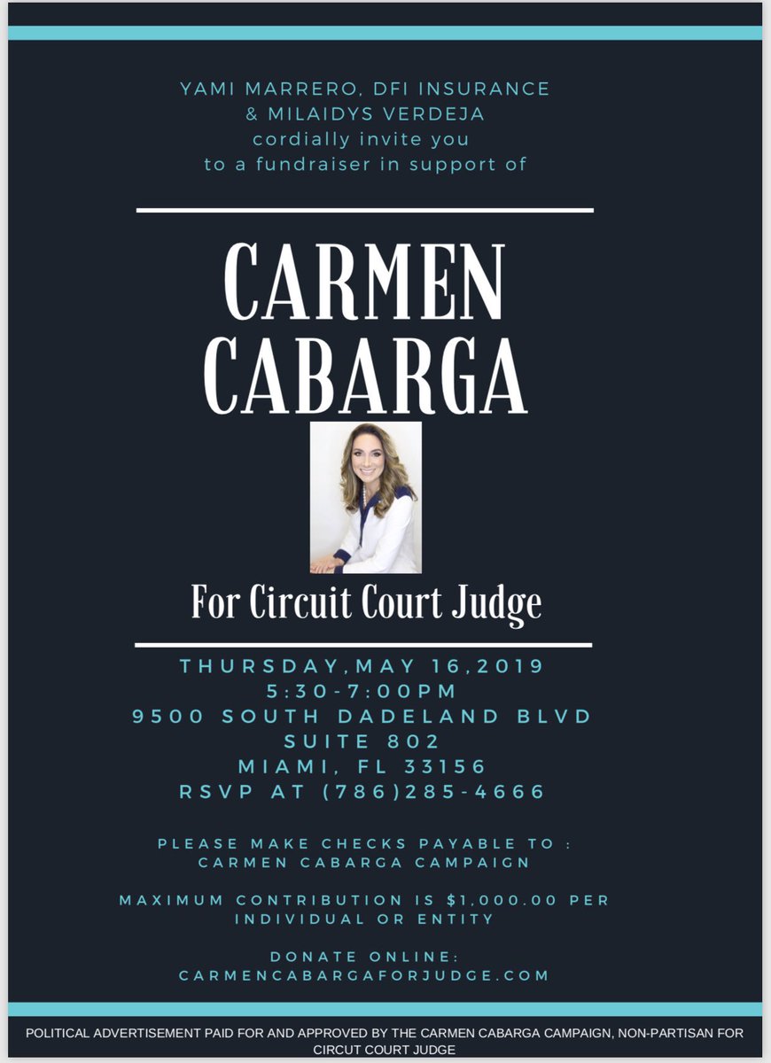 RaulJMartinez1's tweet photo. Come out this Thursday, grab a drink, some light bites, and enter a raffle with our favorite Circuit Court Judge Candidate @carmenforjudge. Text your RSVP to 786-285-4666 to reserve your spot. https://t.co/3ALls0Rld6