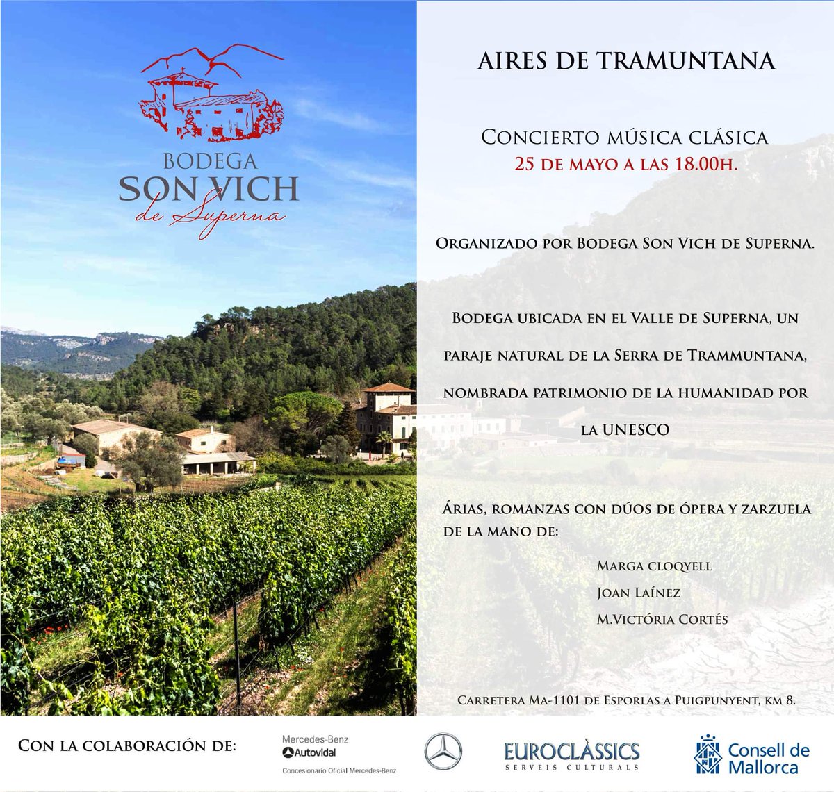 🍷 Maridatge d’#òpera i #vi 

🗓 dissabte 25 de maig
⌚ a les 18 hores
📍 <a href="/Son_Vich/">Son Vich de Superna</a>

Aforament limitat! No et quedis sense entrada! Adquireix-la a <a href="/musicasa/">musicasa</a> Conservatori o a giglon.com/todos?idEvent=…