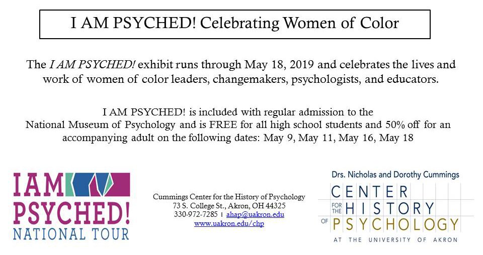I am Psyched! exhibit is in Akron thru Saturday. See it before it moves to the next city on its national tour! As a special offer, National Museum of Psychology & I am Psyched! exhibit are FREE for high school students & 50% off for accompanying adult on Thurs. & Sat. #IamPsyched