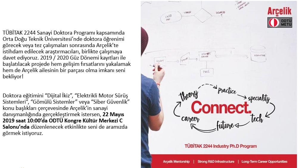 TÜBİTAK 2244 Sanayi Doktora Programı kapsamında ODTÜ'de doktora öğrenimi görecek veya tez çalışmaları sonrasında Arçelik'te istihdam edilecek araştırmacıları davet ettiğimiz etkinliğimiz 22 Mayıs'ta ODTÜ KKM'de.