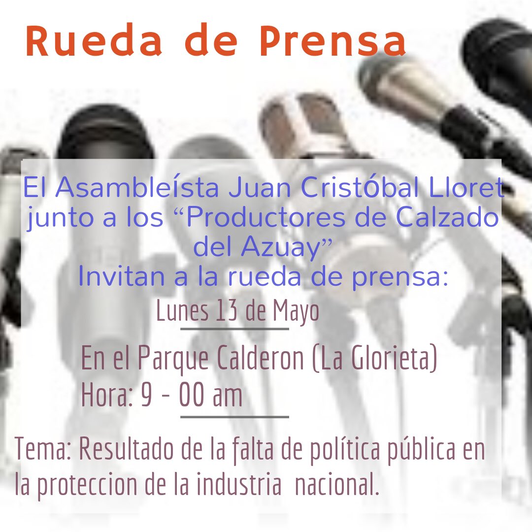 jotalloretv's tweet image. 🔴 ATENCIÓN |
Todos están invitados hoy, a la rueda de prensa que daremos con los Productores de calzado del Azuay. Los resultados de la falta de política pública en la proteccion de la industria nacional será el tema que abordaremos.

⌚ 9:00
📌 La Glorieta del Parque Calderón