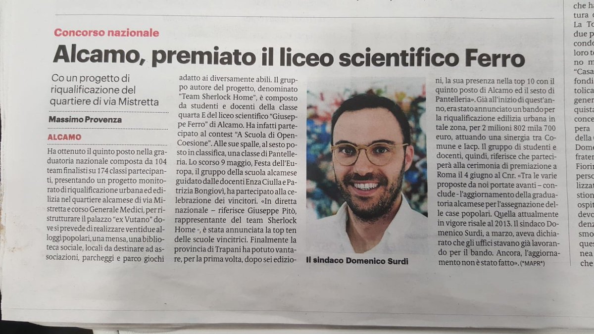 SherlockHome8's tweet photo. Sbarchiamo sul #GiornalediSicilia!
Dove sarà il prossimo articolo?
#ASOC1819 #TeamSherlockHome #Montihon #MonitoraggioCivico #Alcamo #IACP #PalazzoExVutano #finanziamento #UE #FESR #Vicesindaco #FestadellEuropa #conferenza #EuropedirectTrapani #TOP10 https://t.co/uB714Uo2ZV