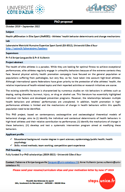 AnneVuillemin's tweet photo. PhD opportunity on Health pROmotion in Elite Sport (HeROES) - Athletes’ health behavior determinants and change mechanisms - Laboratoire Motricité Humaine Expertise Sport Santé (EA 6312), Université Côte d’Azur
https://t.co/2e7oxBxtHJ #LAMHESS @uca_research @FSSUNS https://t.co/pgeKWbATNx