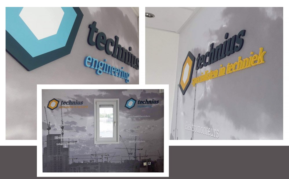 Bij Technius te staphorst hebben we freesletters geleverd en gemonteerd op een door Wobben-Schilders geplakte airtexwand.