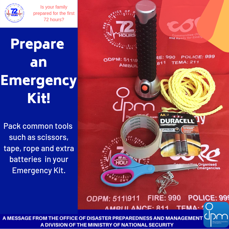 ODPM_TT's tweet image. Wk3 #Emergencykitchallenge; #CommonTools &amp;amp; #HelpfulSupplies. Common tools such as a flashlight, scissors, tape or even rope can come in handy for making small repairs or during a rescue. Be sure to include these items in your emergency kit.  #Letsgetready #Stayready #ODPMTT