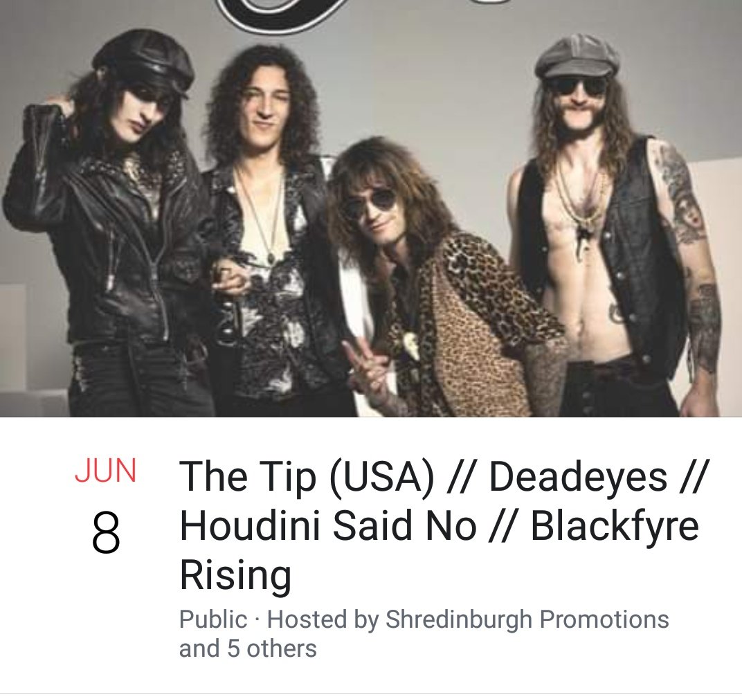 So! Just a little update for the Houdini camp. May 3rd we rocked Bonfest. Always have great time playing there. Thanks for having us back! And hopefully see you next year.⚡
Next up we are supporting The Tip <a href="/OpiumEdinburgh/">Opium Edinburgh</a> on June 8th!.
Not one to be missed! #edinburghgigs #Rock
