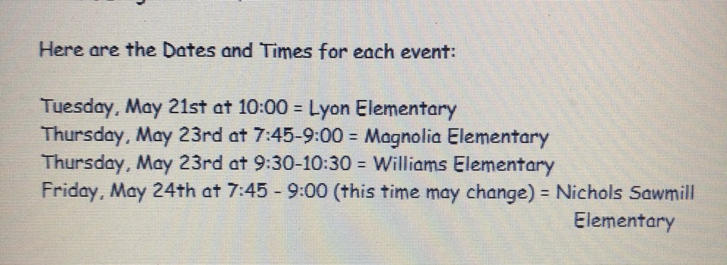 Times and dates for elementary graduation walks! See attached picture😁 <a href="/DrKing_MWHS/">Dr. Ben King</a> @westmustangs