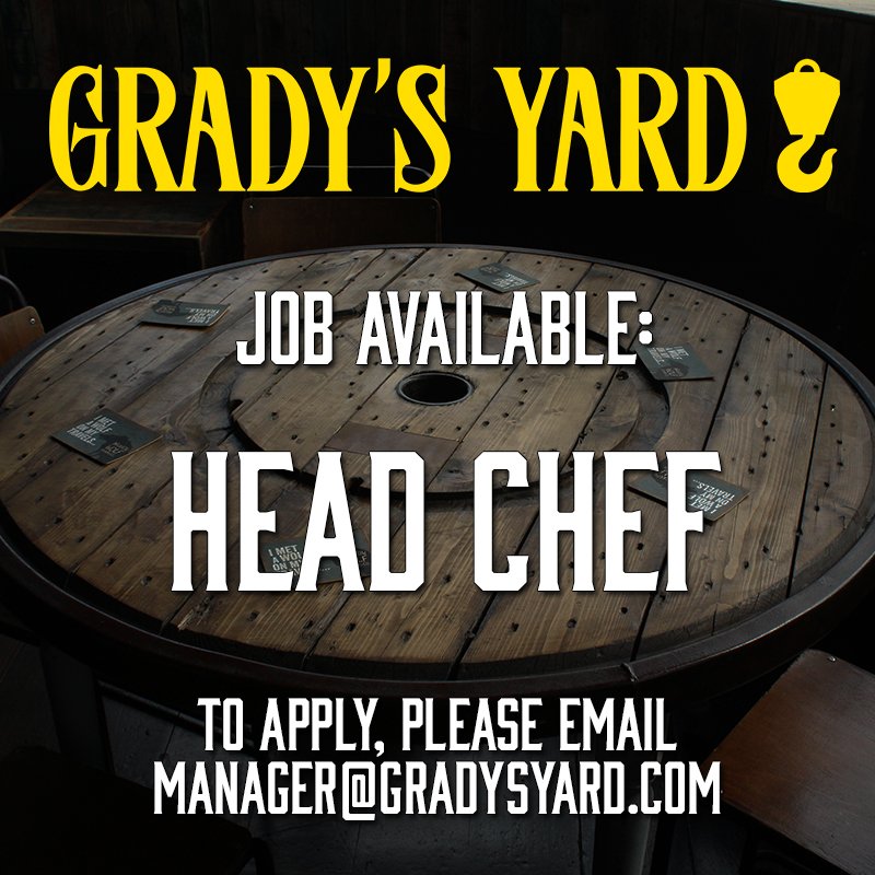 .<a href="/GradysYard/">Grady's Yard</a>, is currently seeking a Head Chef for The Container Kitchen. Looking for someone who's creative, has experience in running a fast paced kitchen &amp; to help us create the very best casual dining experience.
Email manager@gradysyard.com with a CV.
#waterford #jobfairy