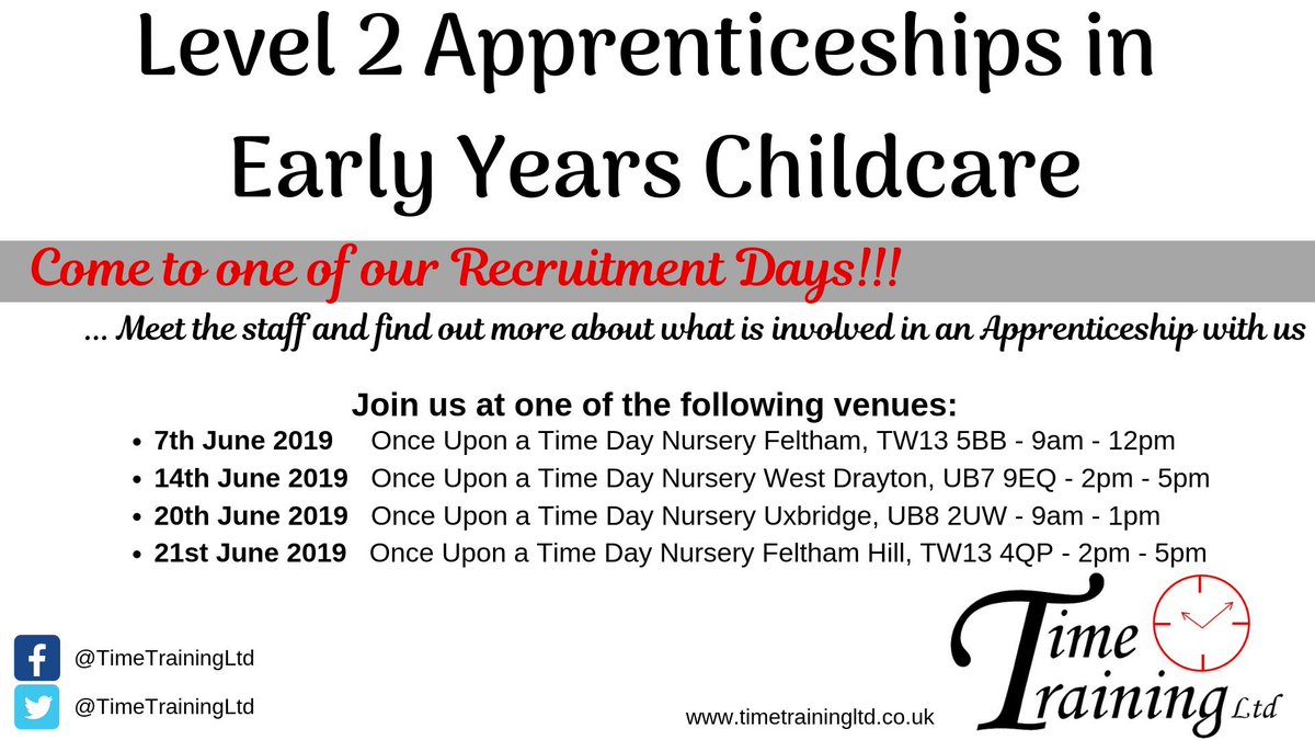 TimeTrainingLtd's tweet image. Interested in an #Apprenticeship in Early Years Childcare this September? Contact us or join us at one of our Recruitment Days to find out more and sign up!