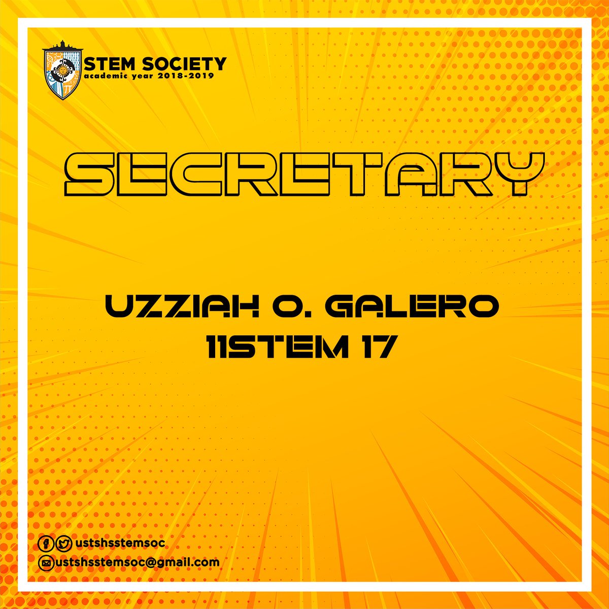 ustshsstemsoc's tweet photo. Look alive, STEMasinos! 💛🖤
Here's the official list of candidates for this year's STEM Society Executive Board elections. Take some time to get to know the candidates to make an informed vote. Please do exercise your suffrage!
#OneSTEMForward https://t.co/nX27GLpu6z